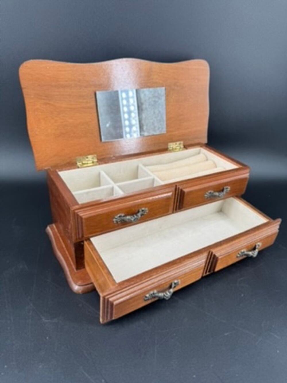 Vintage Wood Jewelry Box Mirror Cream Interior Drawer Ornate Metal Pulls 10.5"
